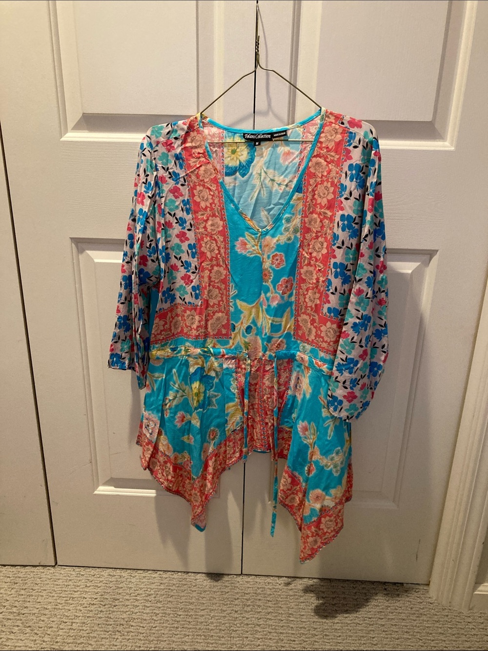 Tolani Turquoise & Coral Floral Tie-Front Tunic